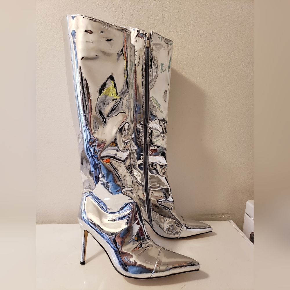 Women's Knee High Boots Pointed Toe Stiletto Heel Metallic Zipper Boots size 10